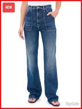 High Rise Straight Leg Jeans Mid-Weight Low-Stretch Denim Patch Pocket